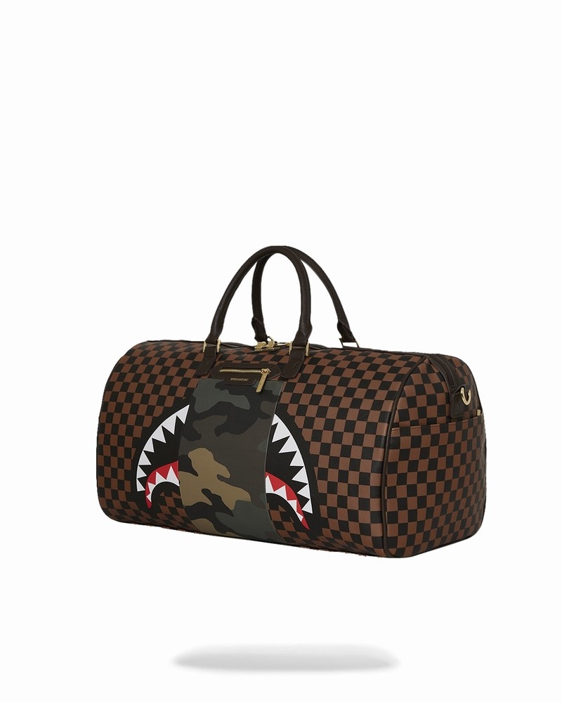 Brown Sprayground Exterior Gold Zip Pocket Sharks In Paris Men's Duffle Bags | 550421639
