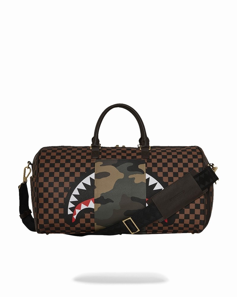 Brown Sprayground Exterior Gold Zip Pocket Sharks In Paris Men's Duffle Bags | 550421639