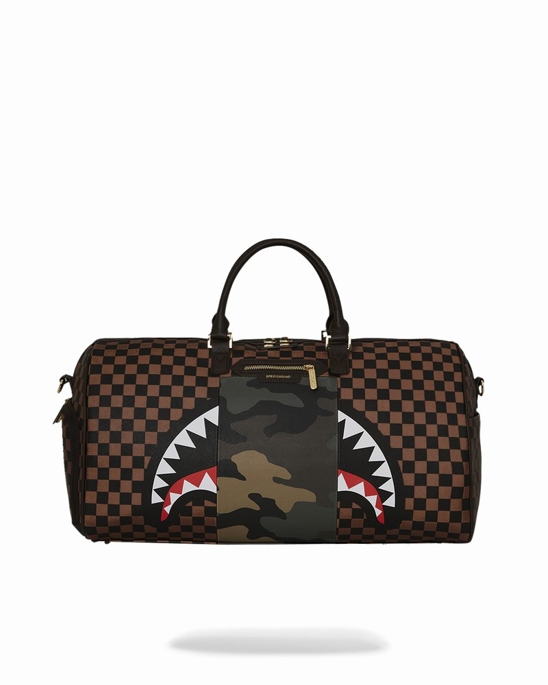 Brown Sprayground Exterior Gold Zip Pocket Sharks In Paris Men\'s Duffle Bags | 550421639