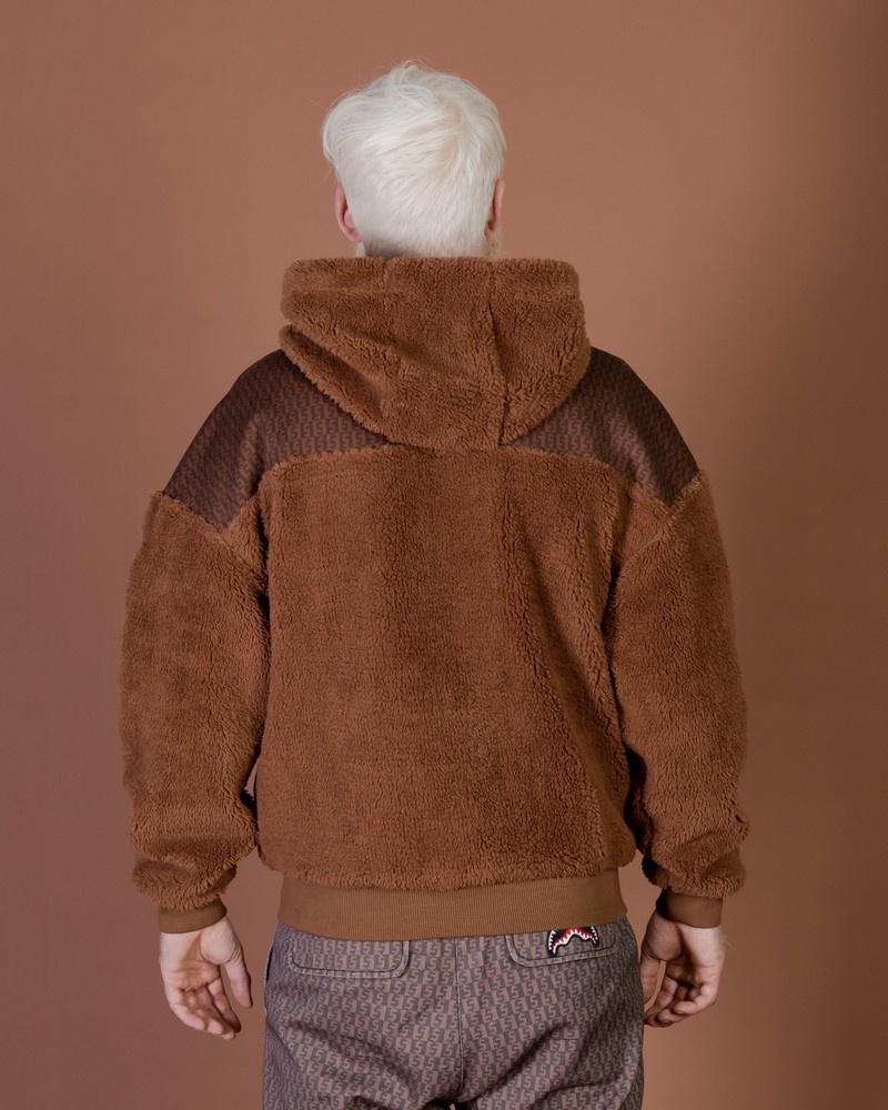 Brown Sprayground Graffiti Teddy Cotton Fleece Fullzip Money Checkered Men's Hoodie | 929431313