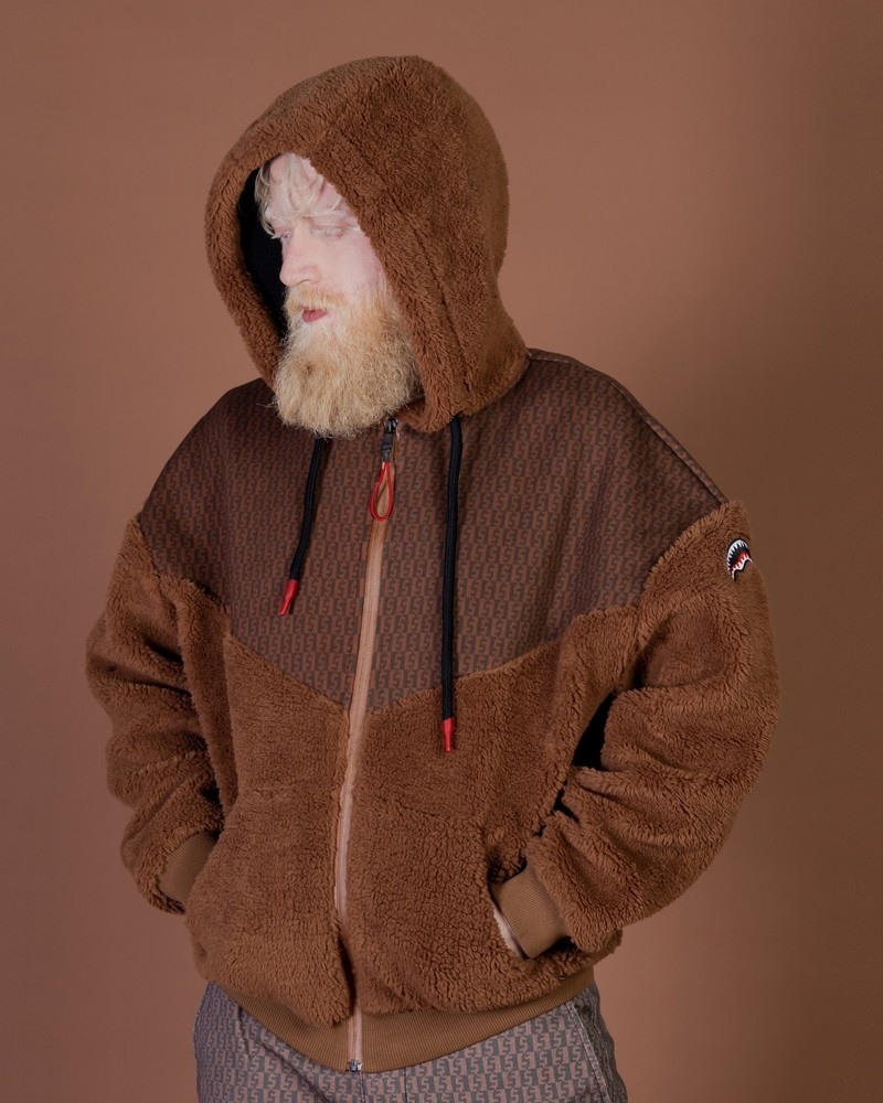 Brown Sprayground Graffiti Teddy Cotton Fleece Fullzip Money Checkered Men\'s Hoodie | 929431313