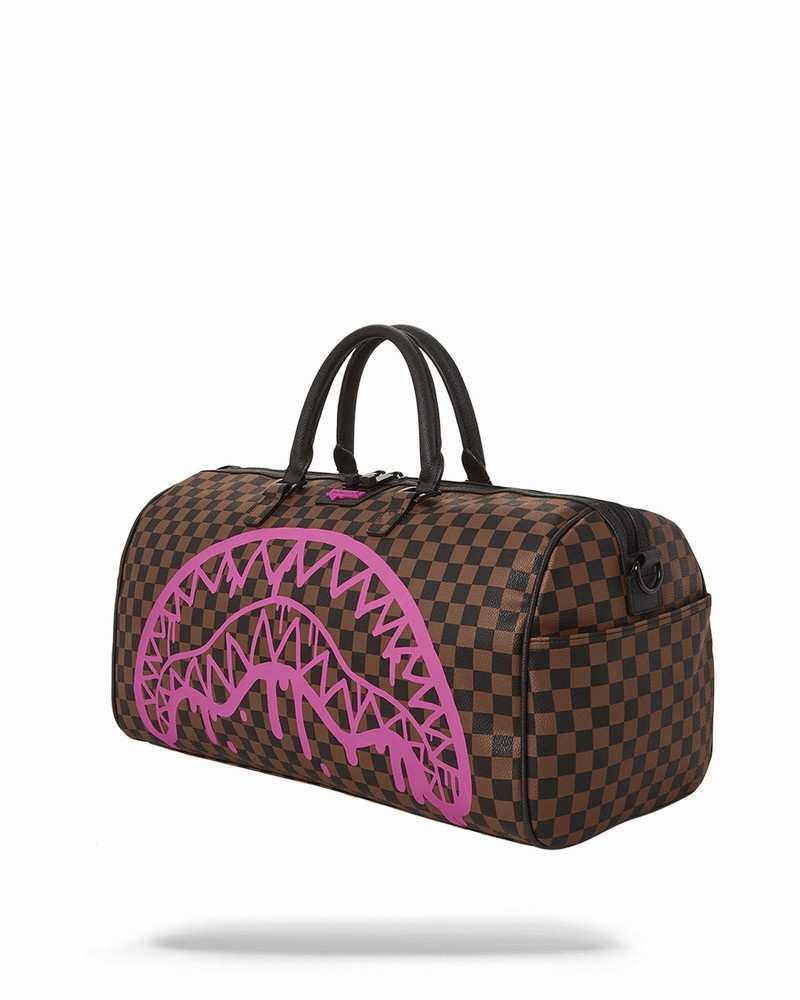Brown Sprayground Pink Drip Check Men's Duffle Bags | 478235671