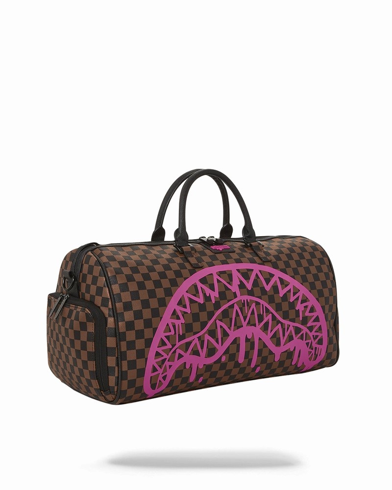 Brown Sprayground Pink Drip Check Men's Duffle Bags | 478235671