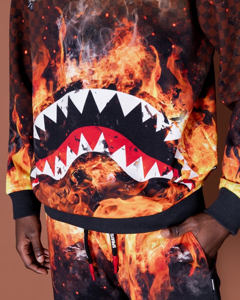 Brown Sprayground Shark On Fire Crewneck Men's Sweatshirts | 901742263