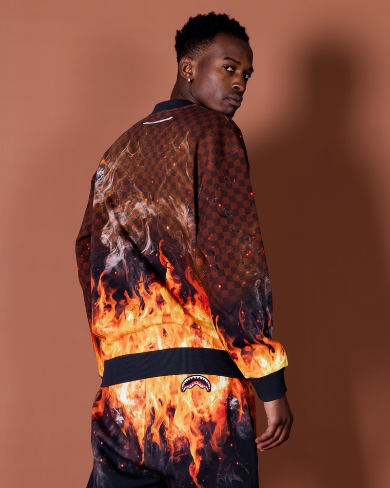 Brown Sprayground Shark On Fire Crewneck Men's Sweatshirts | 901742263