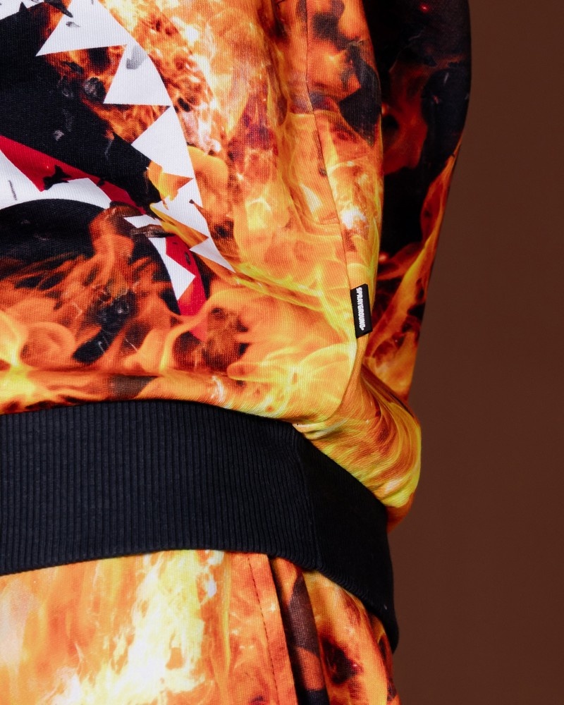 Brown Sprayground Shark On Fire Crewneck Men's Sweatshirts | 901742263
