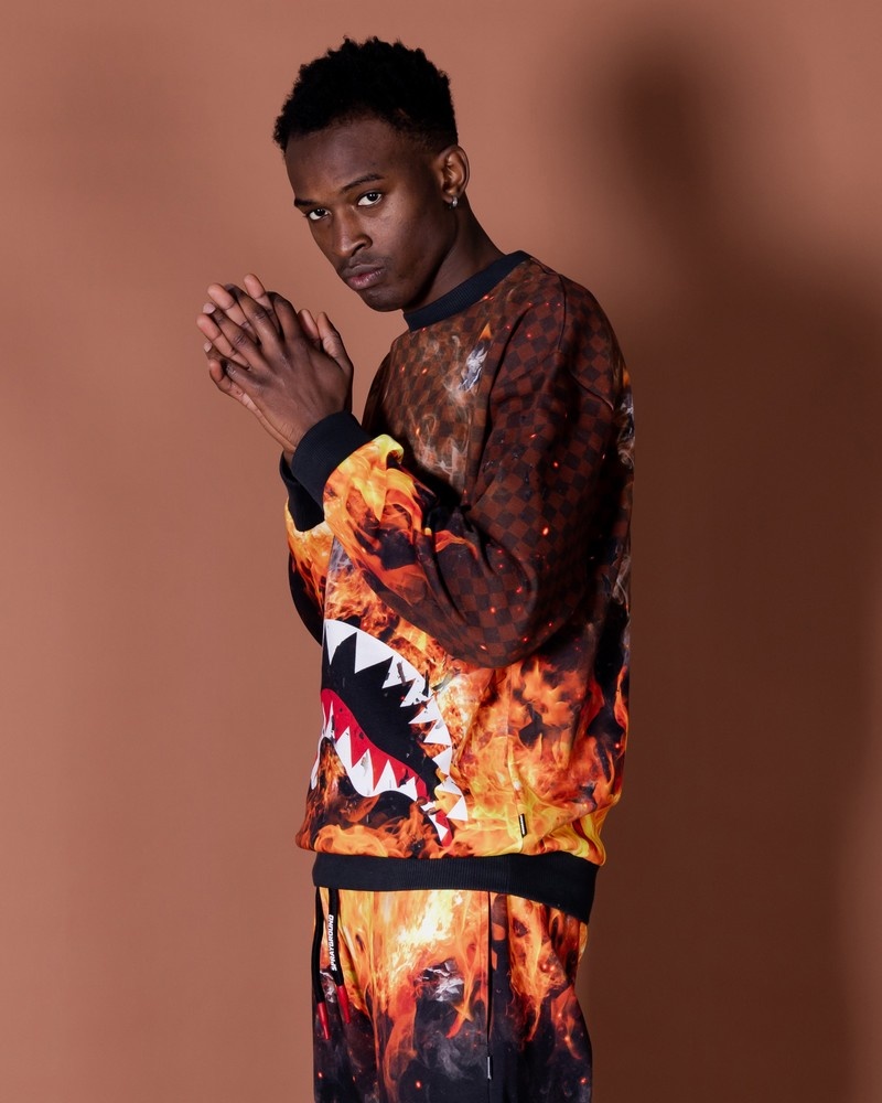 Brown Sprayground Shark On Fire Crewneck Men's Sweatshirts | 901742263