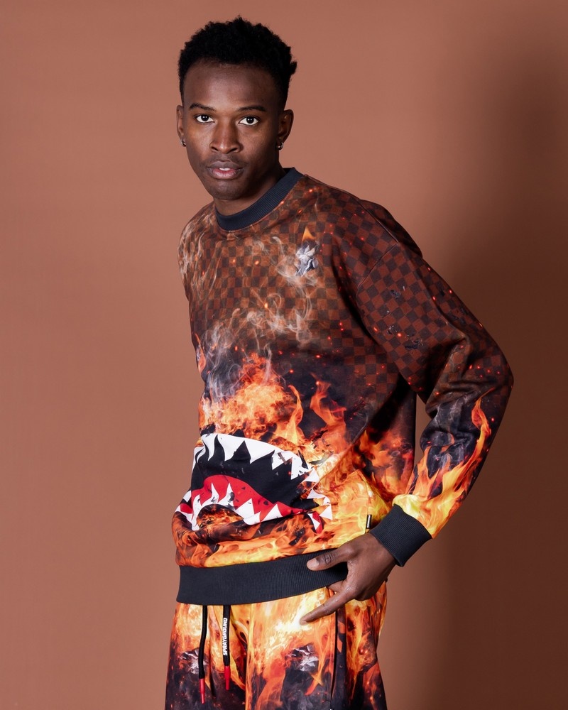 Brown Sprayground Shark On Fire Crewneck Men\'s Sweatshirts | 901742263