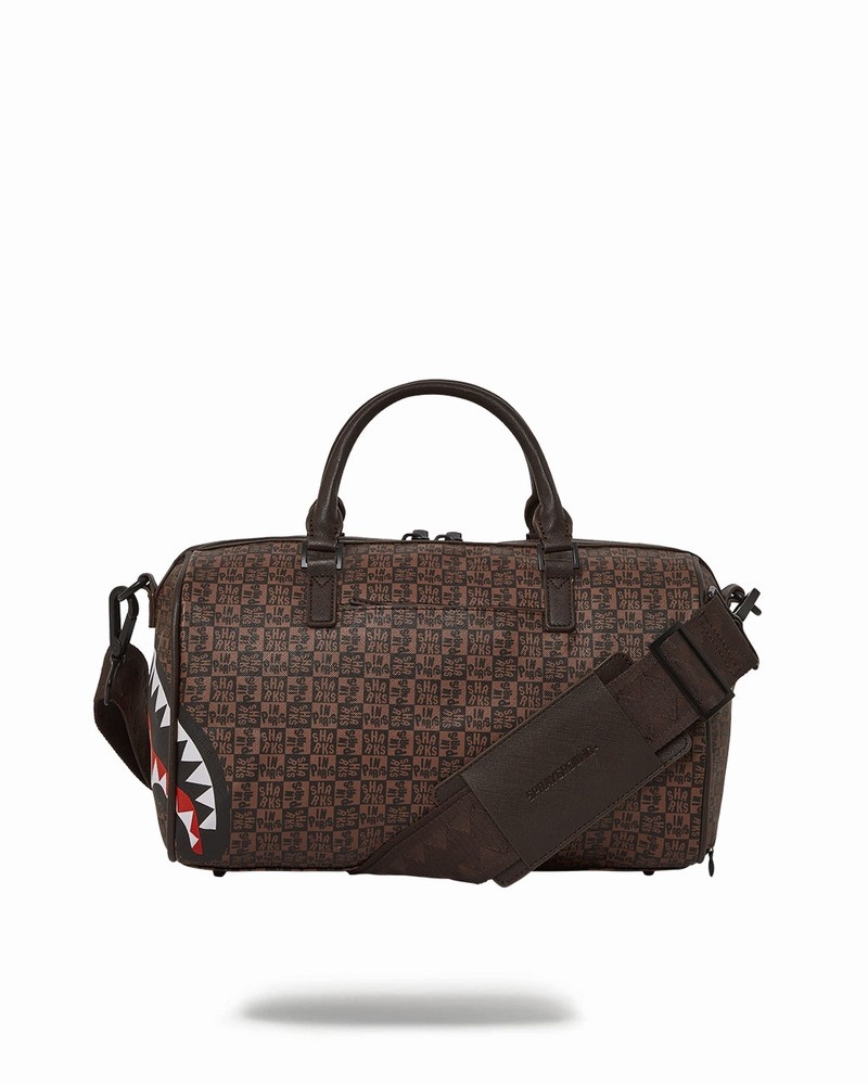 Brown Sprayground Sharks In Paris Check Mini Men's Duffle Bags | 506351493