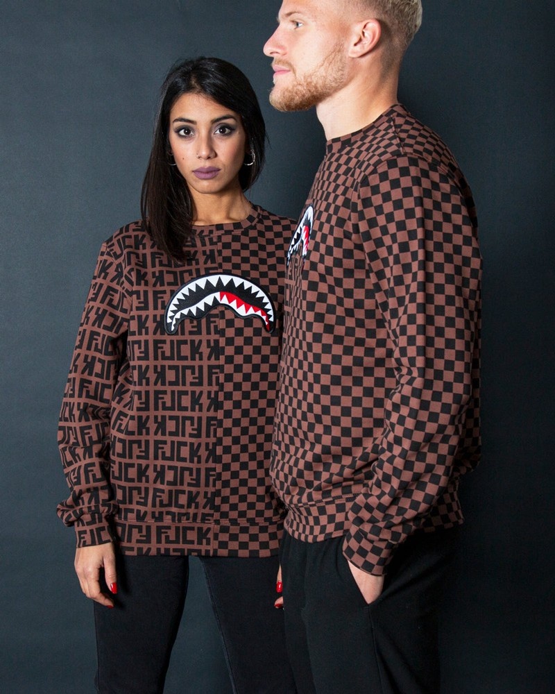 Brown Sprayground Split The Check Crew Men's Sweatshirts | 257240260