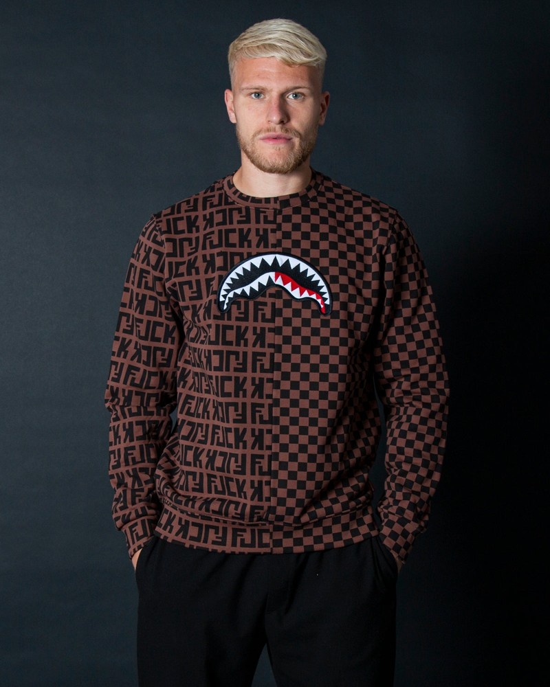 Brown Sprayground Split The Check Crew Men's Sweatshirts | 257240260