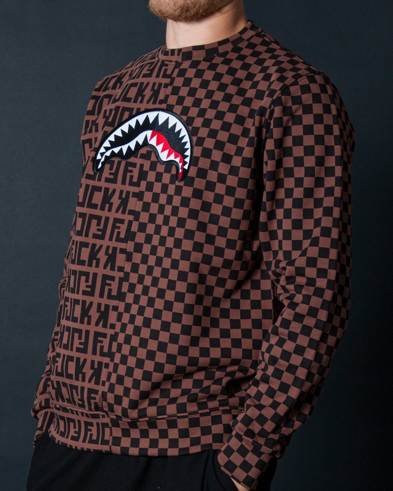 Brown Sprayground Split The Check Crew Men's Sweatshirts | 257240260