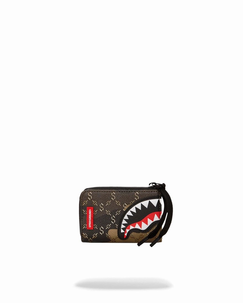 Brown Sprayground $ Pattern Over Camo Men\'s Wallets | 608163395