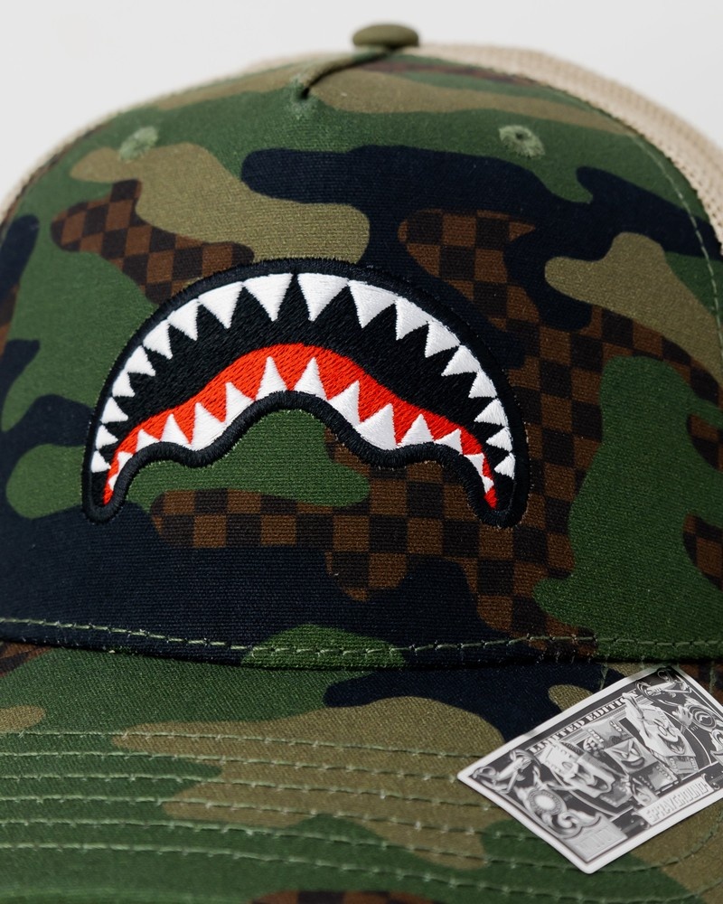 Green Sprayground Camo Checkered Men's Caps | 740409110