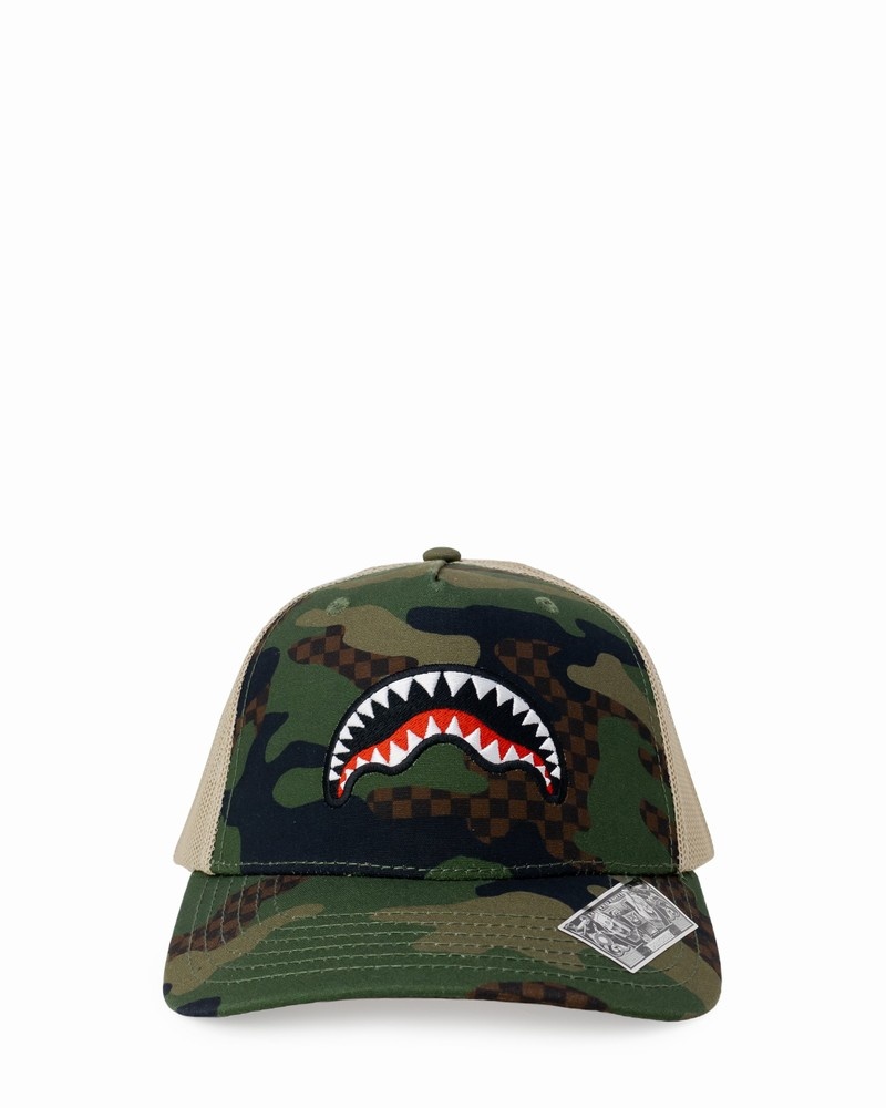 Green Sprayground Camo Checkered Men\'s Caps | 740409110