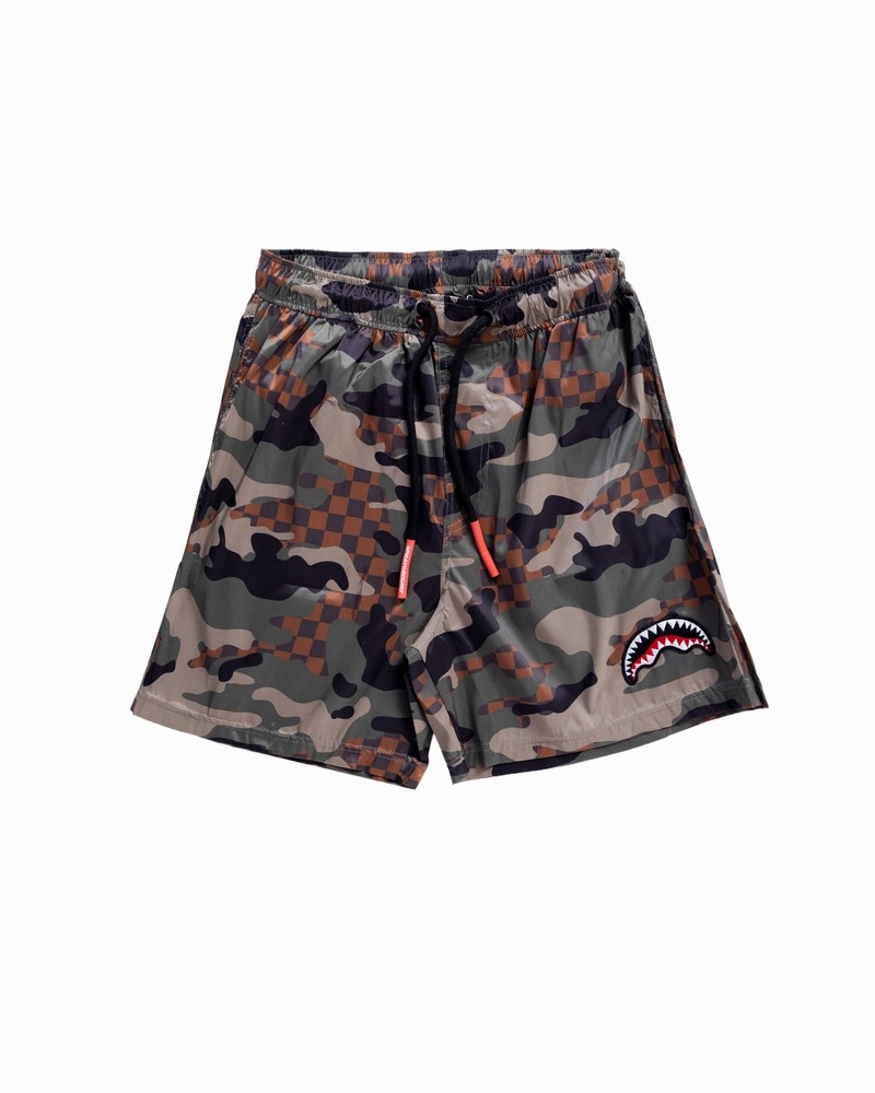 Green Sprayground Camo Checkered Men\'s Swim Trunks | 515156330