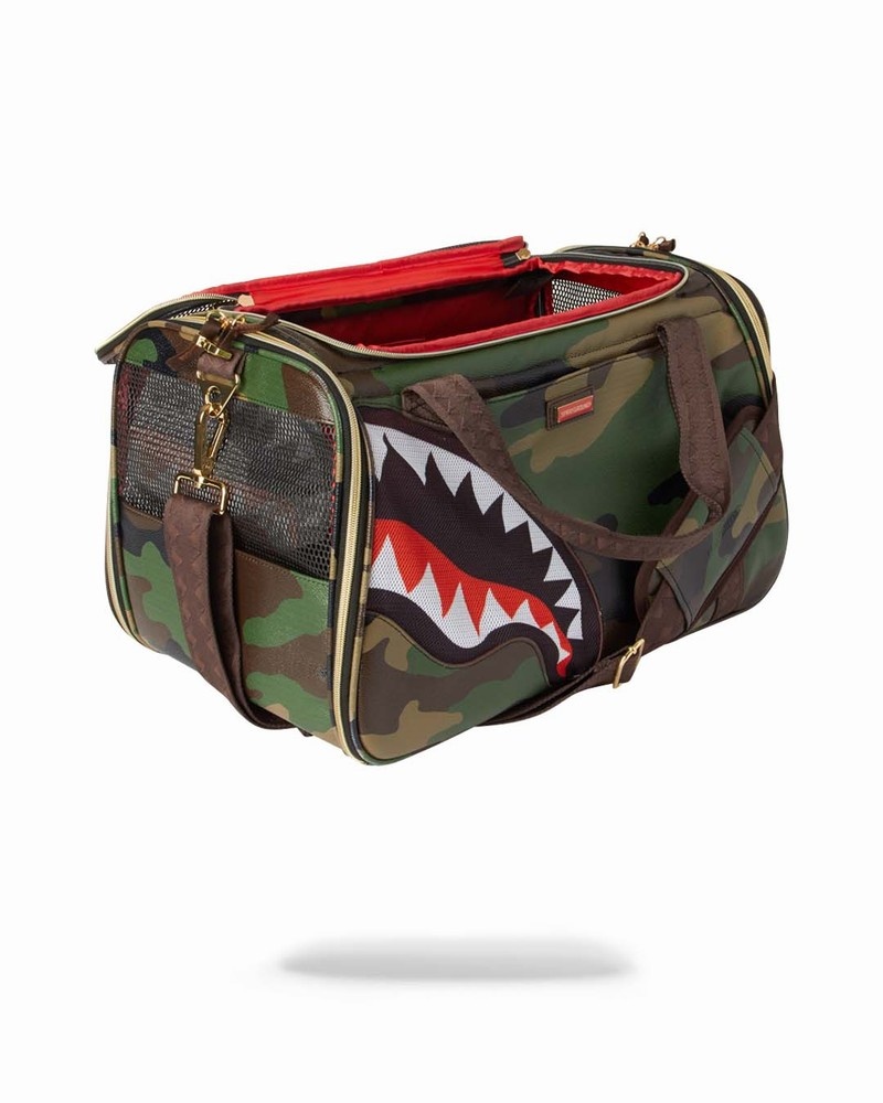 Green Sprayground Pet Carrier Camo Shark Pet Carrier Men's Tote Bags | 142843348