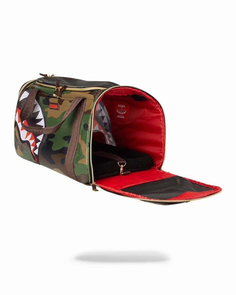 Green Sprayground Pet Carrier Camo Shark Pet Carrier Men's Tote Bags | 142843348