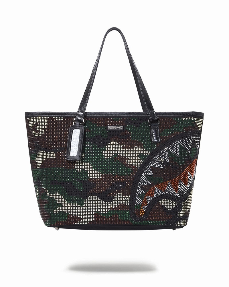 Green Sprayground Trinity Camo Men\'s Tote Bags | 300667480