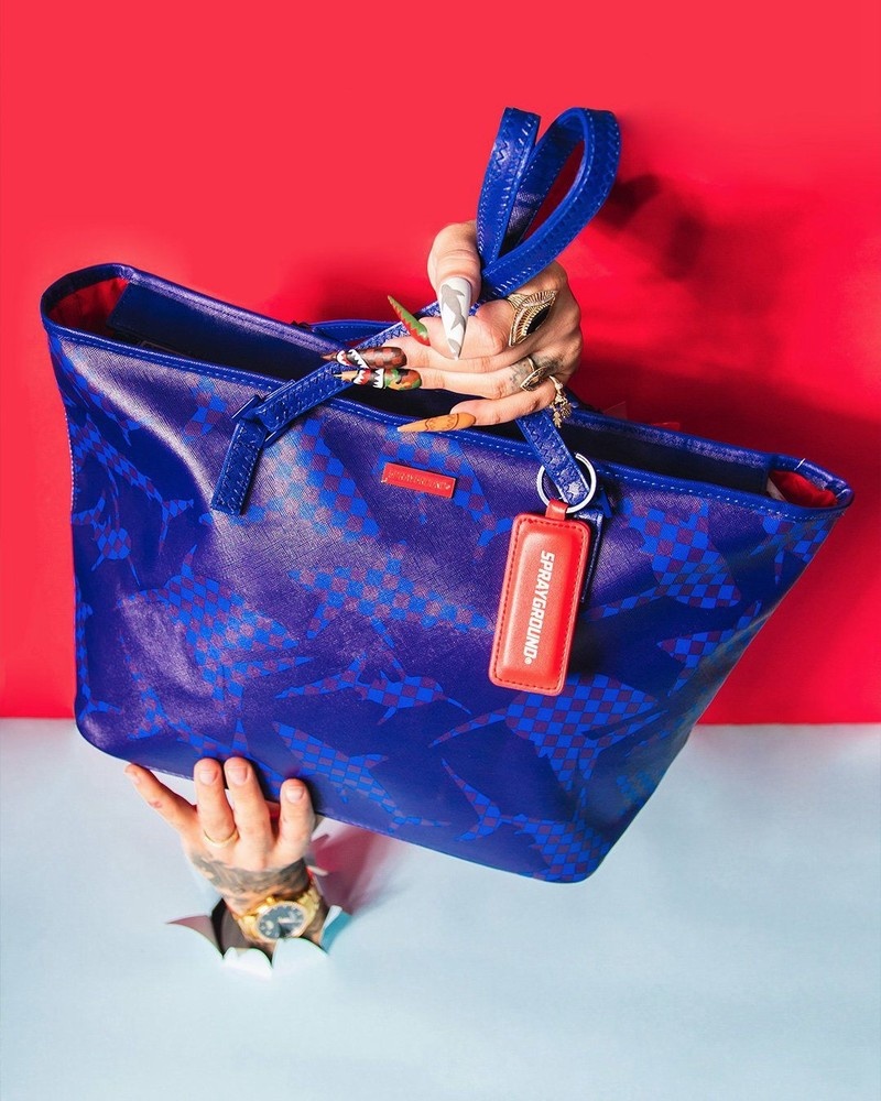 Navy Sprayground Shark Check Men's Tote Bags | 818563812