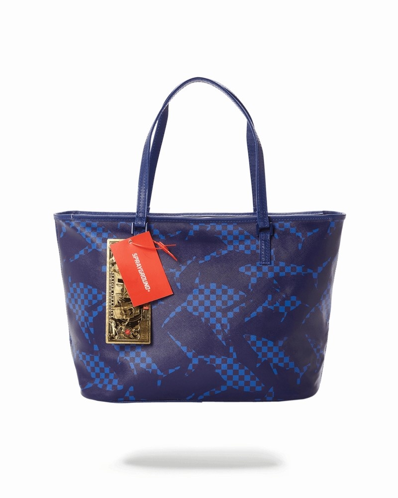 Navy Sprayground Shark Check Men's Tote Bags | 818563812
