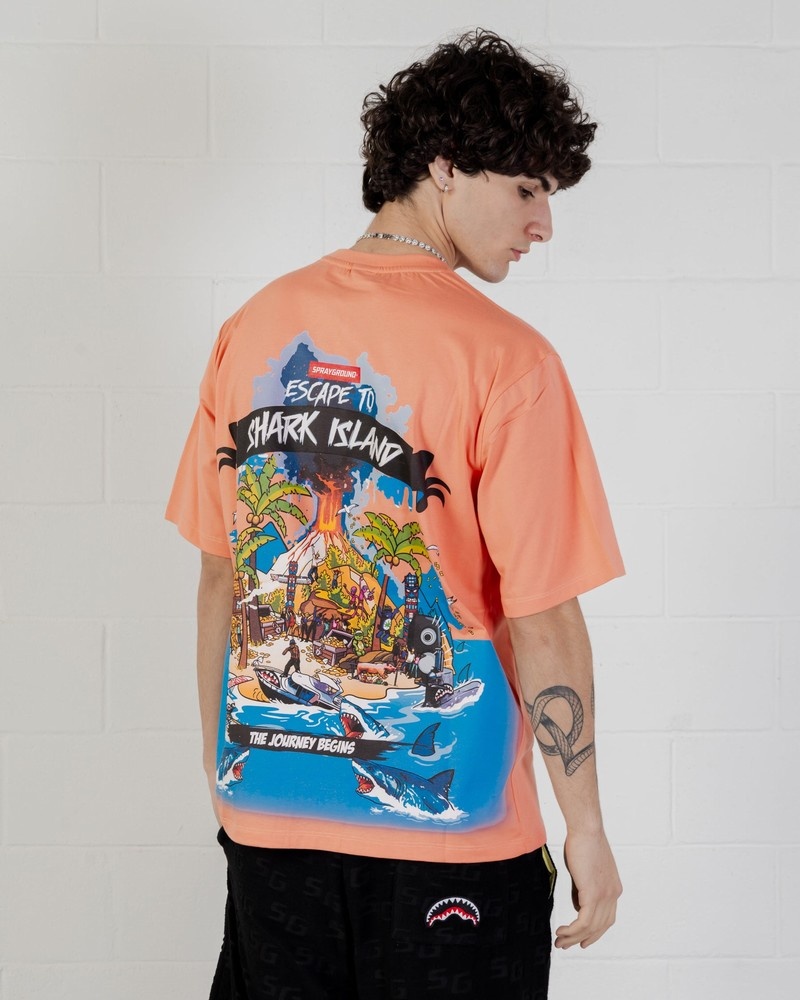 Pink Sprayground Shark Island Over Men's T Shirts | 63044769
