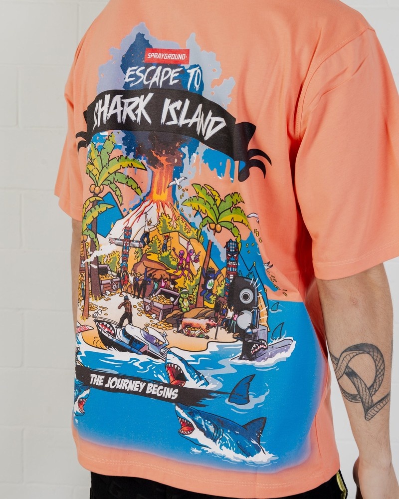 Pink Sprayground Shark Island Over Men's T Shirts | 63044769