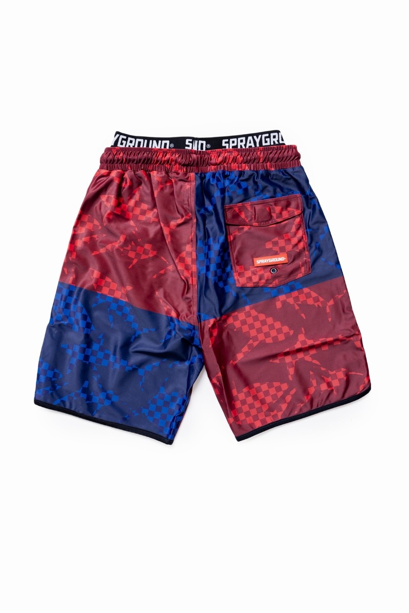 Red Sprayground Shark Check Color Block Midi Men's Swim Shorts | 308172345