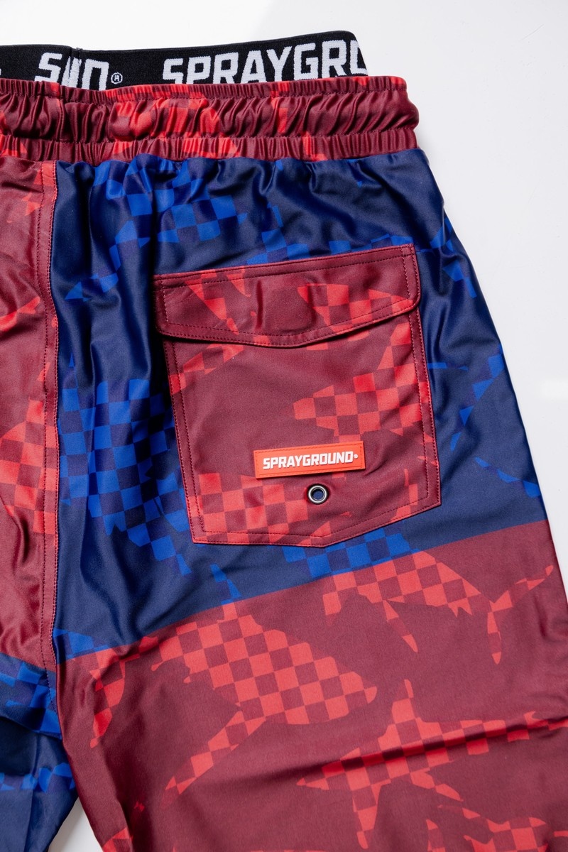 Red Sprayground Shark Check Color Block Midi Men's Swim Shorts | 308172345