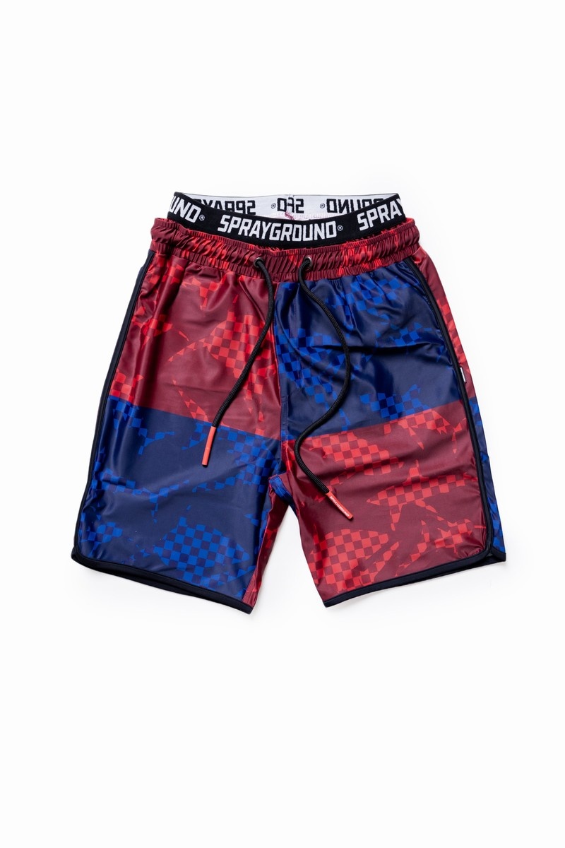 Red Sprayground Shark Check Color Block Midi Men\'s Swim Shorts | 308172345