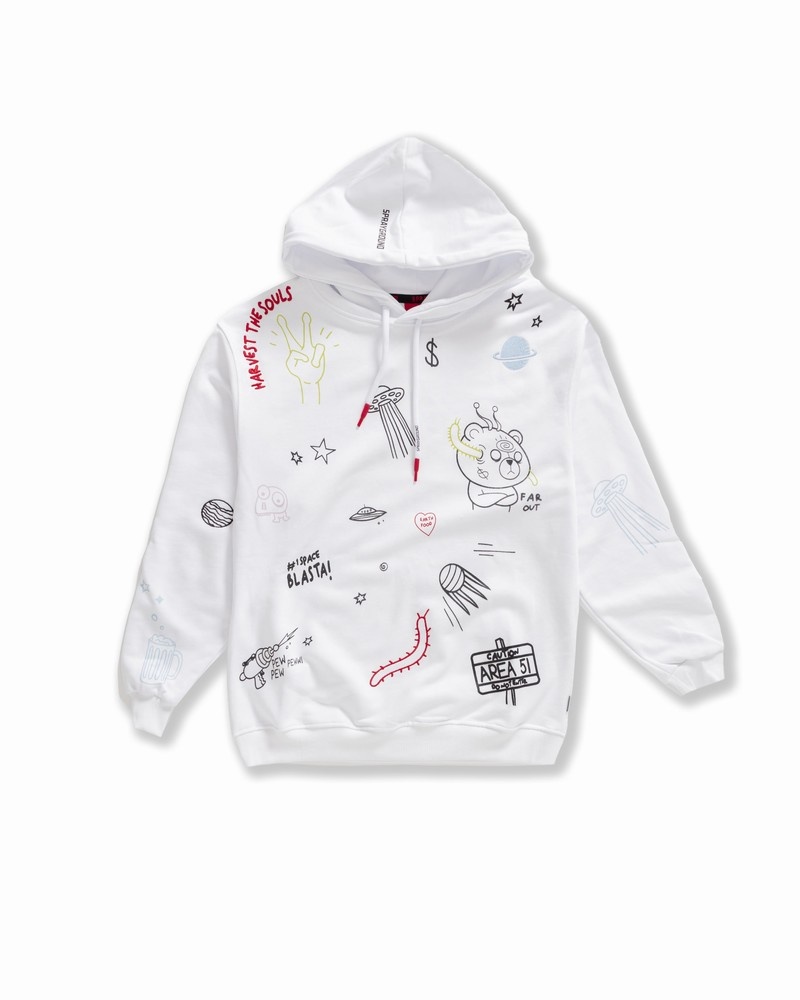 White Sprayground Alien Doodle Men\'s Hoodie | 288169857