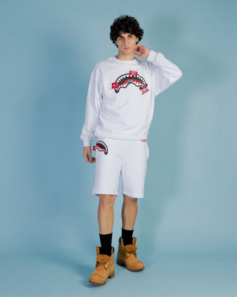 White Sprayground Bermuda Label Shark Men's Shorts | 693899896