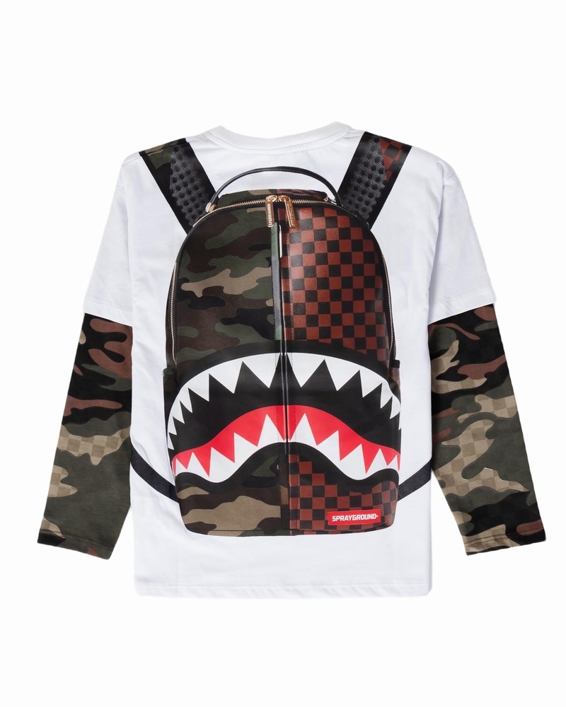 White Sprayground Camo Check Backpack Double Kids' T Shirts | 65807578