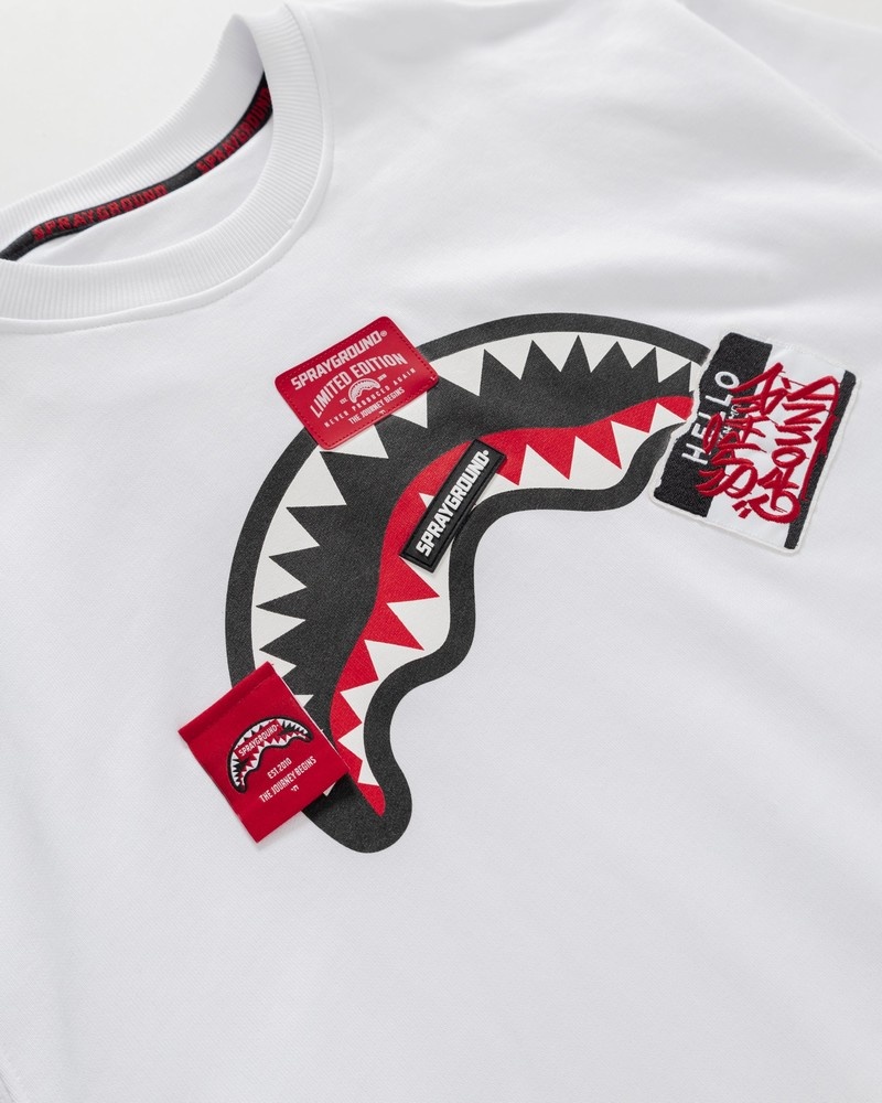 White Sprayground Label Shark Crewneck Men's Sweatshirts | 167014429