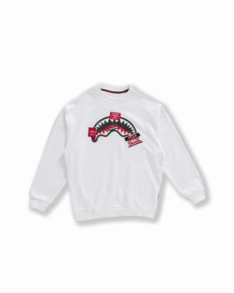White Sprayground Label Shark Crewneck Men\'s Sweatshirts | 167014429