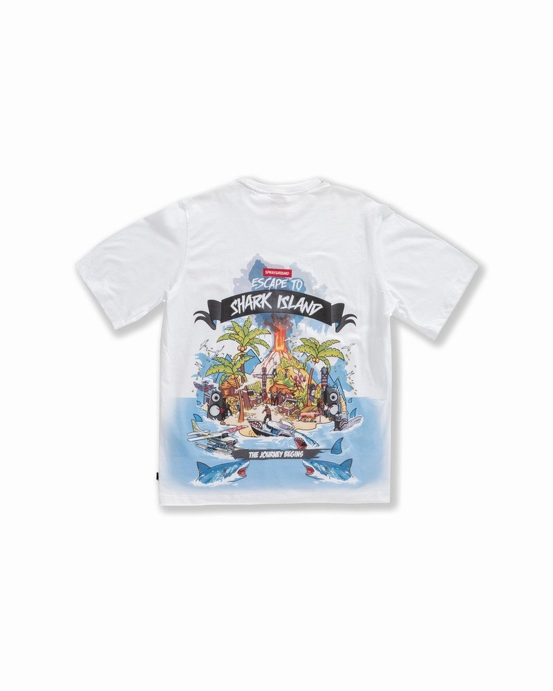 White Sprayground Shark Island Over Men's T Shirts | 12370941