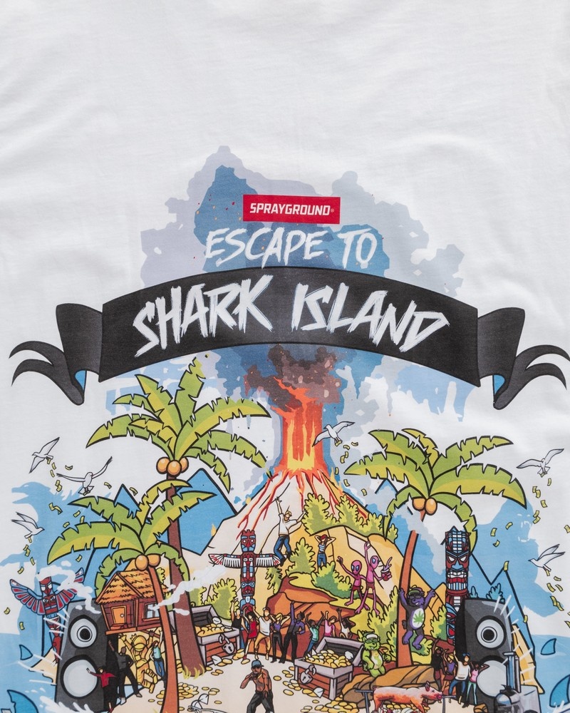 White Sprayground Shark Island Over Men's T Shirts | 12370941